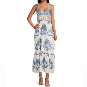 A Loves A Embroidered Voile Sleeveless V-Neck Faux Leather Tie Maxi Dress